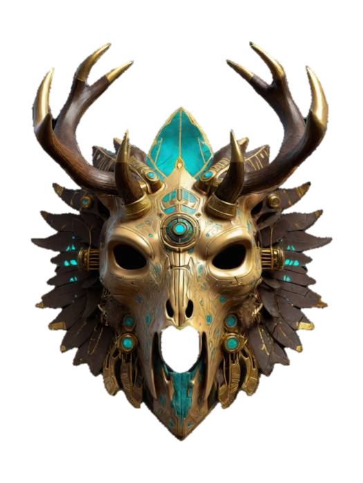 3D model for A magical shamans tribal mask with deer skull and antlers, it has liquid gold highlights in the style of futuristic circuitry. #ChronoForgeWeapon#