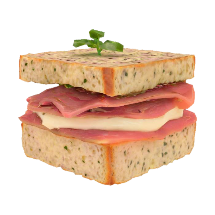 3D model for A small multigrain bread square with visible seeds and grains. Layered with thin, glossy slices of roast beef (deep brown with marbled fat) and a thin spread of creamy horseradish sauce. Garnished with a micro watercress leaf.