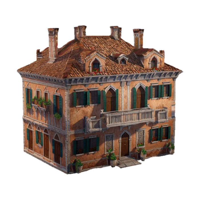 3D model for ultra detailed isometric old venetian house, game style, 4k, enhanced colors