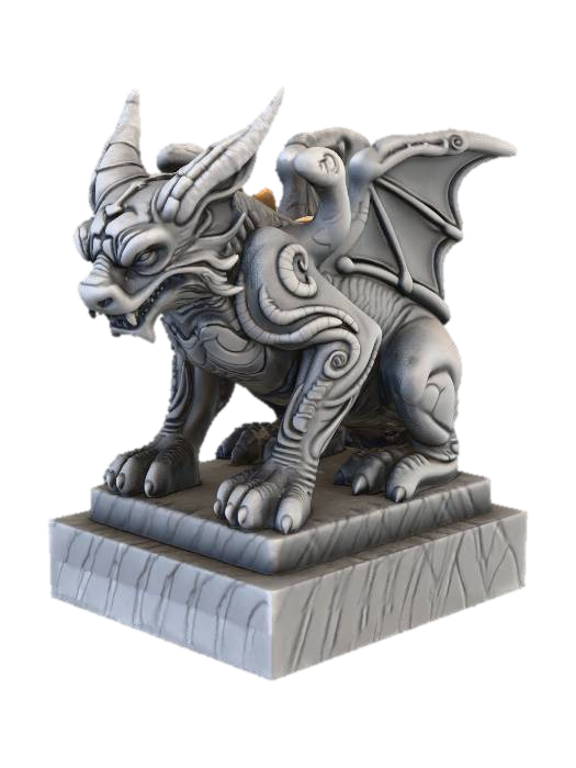 A weathered Victorian Gothic stone gargoyle statue made out of solid grey granite. Crouching… 3D model, vytvořený pomocí AI