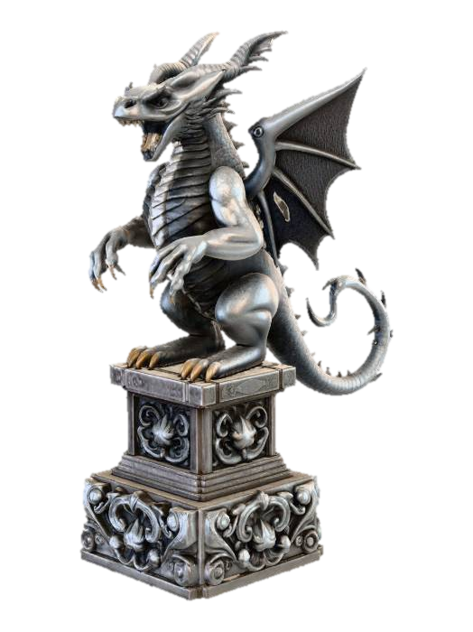 An imposing stone statue of a standing, roaring gargoyle gesturing menacingly. Dragon-like in… 3D model, vytvořený pomocí AI