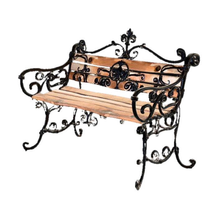An ornate Victorian-era bark bench made out of wrought iron and weathered wood. 3D model, vytvořený pomocí AI