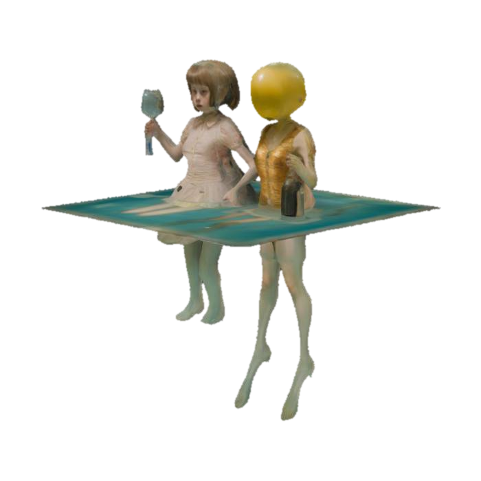 ALIEN AND BEAUTIFUL SCHOOLGIRL IN DRESS SWIMS IN THE POOL AND STEWARDESS IN UNIFORM, BREATHE… 3D model, vytvořený pomocí AI