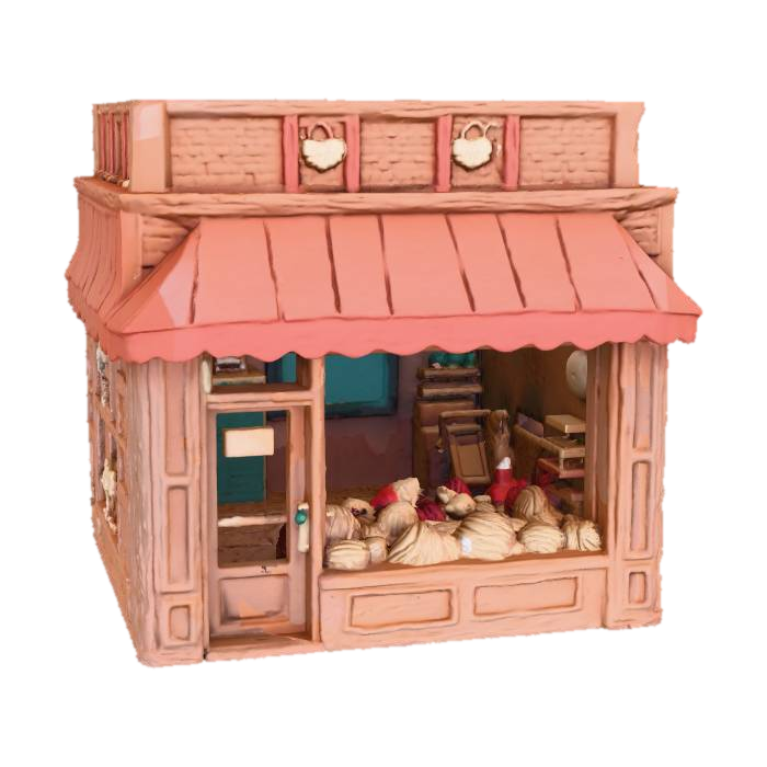 3D model for #Thanksgiving#, generate The front of a Butcher shop with a stylized turkey,standing in front of a Butcher shop,looking towards the window,in the window of the shop is a sign, that says "Today's Special fresh Turkey just in". Comic Style. Medium Polycount.
