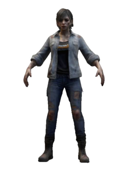 3D model for Urban zombie, short hair, ripped street outfit and scuffed boots, extremely detailed, realistic facial features, realistic face depth, realistic profile, high resolution texture, no weapon, symmetry, A- pose , game asset