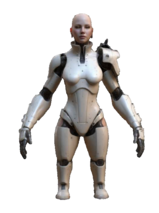 3D model for bald humanoid female, symmetry, A-pose, game ready asset, features intricate biomechanical textures that seamlessly blend organic and mechanical elements. realistic skin tone on face with translucent glowing neon texture for other organic elements. beautiful face with realistic features and well defined facial profile. dressed as a battle ready droid. no weapons. high heeled metallic boots, optimised for rigging and animation