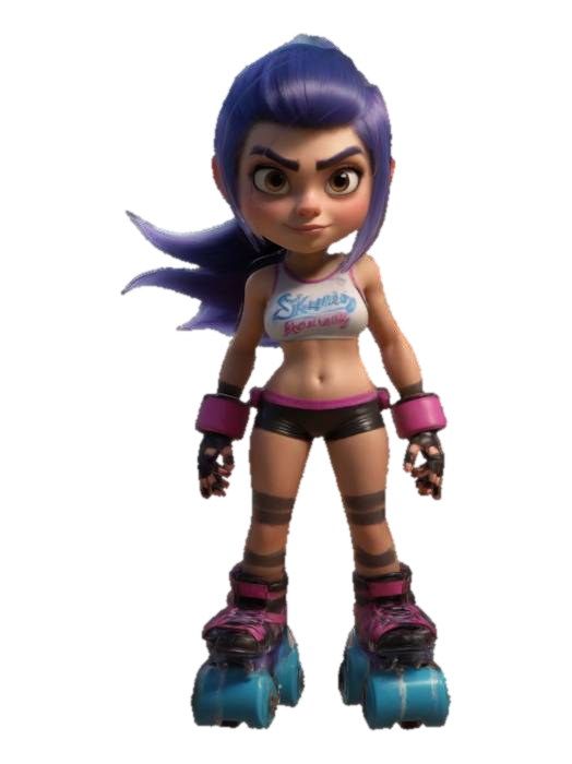 3D model for strong, powerful, beautiful, young, female in a skimpy roller derby outfit, standing in a game ready A-Pose. a Pixar inspired digitally painted figure featuring a woman with a smooth texture, soft lighting, and stylized, flowing brushstrokes depicting her flowing hair and clothing, creating a serene and elegant appearance. symmetrical with perfectly formed facial features optimised for animation and rigging.