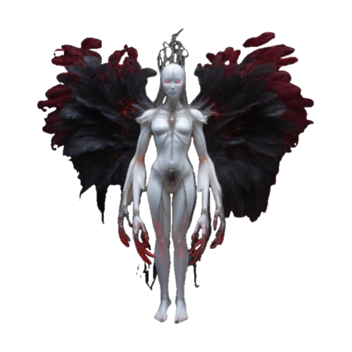 3D model for A towering celestial entity with a porcelain-white humanoid form, elongated limbs, and bioluminescent veins pulsing with red energy. Iridescent black feathers drape over its back, shifting with cosmic fluidity. It has clawed fingers adorned with silver chains and an eerie, divine mask concealing an abyss beneath.
(Ultra-detailed, Lovecraftian beauty, divine horror, cinematic lighting, fantasy baroque design.)