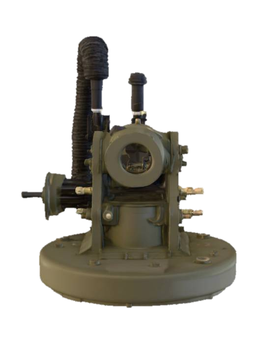 3D model for Un mortier d'artillerie avec un tuyau souple à l'arrière qui fonctionne à air comprimé. Monté sur un socle rond sans roue avec un engrenage, autre engrenange sous le canon pour régler l'angle