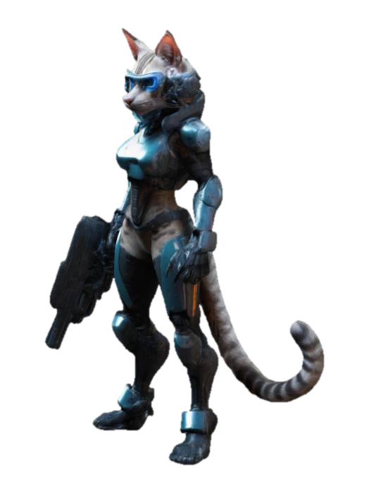 3D model for an sci-fi anthropomorphic athletic feline cyberpunk mercenary, equipped with armor and a gun