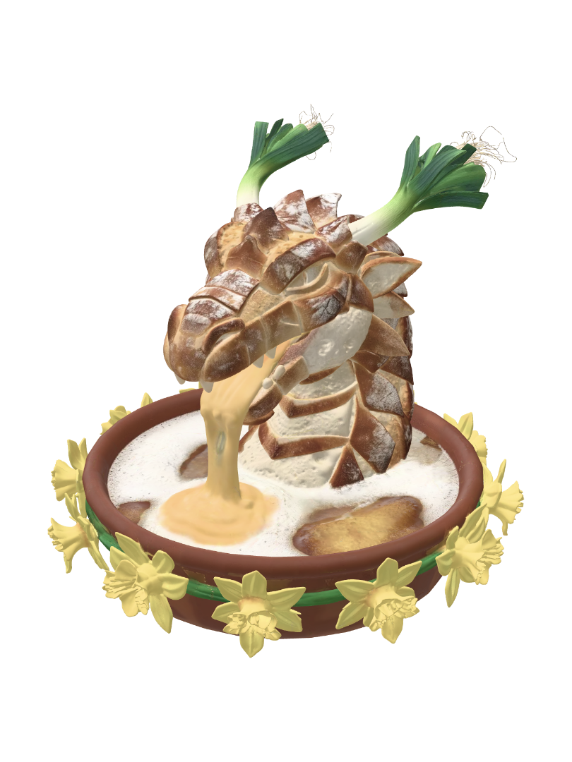 Mô hình 3D của A majestic Welsh dragon head sculpted entirely from rustic bread. Golden-brown crust…, được tạo bằng AI