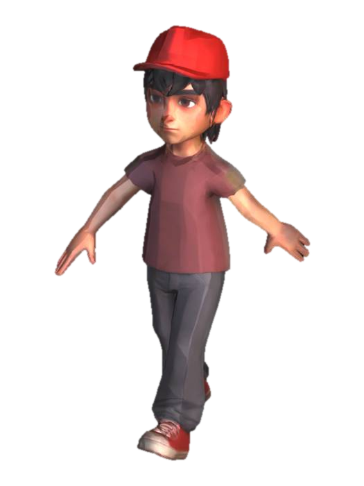 male human character with clothes shoes a red hat dark hair dark eyes low poly model teenager t pose-3D-Modell, KI-generiert
