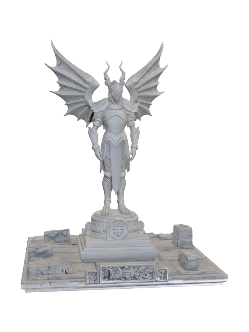 lampe, archange déchu, chevalier dragon, on a ancient stone ruins with carved symbols and… 3D model, vytvořený pomocí AI
