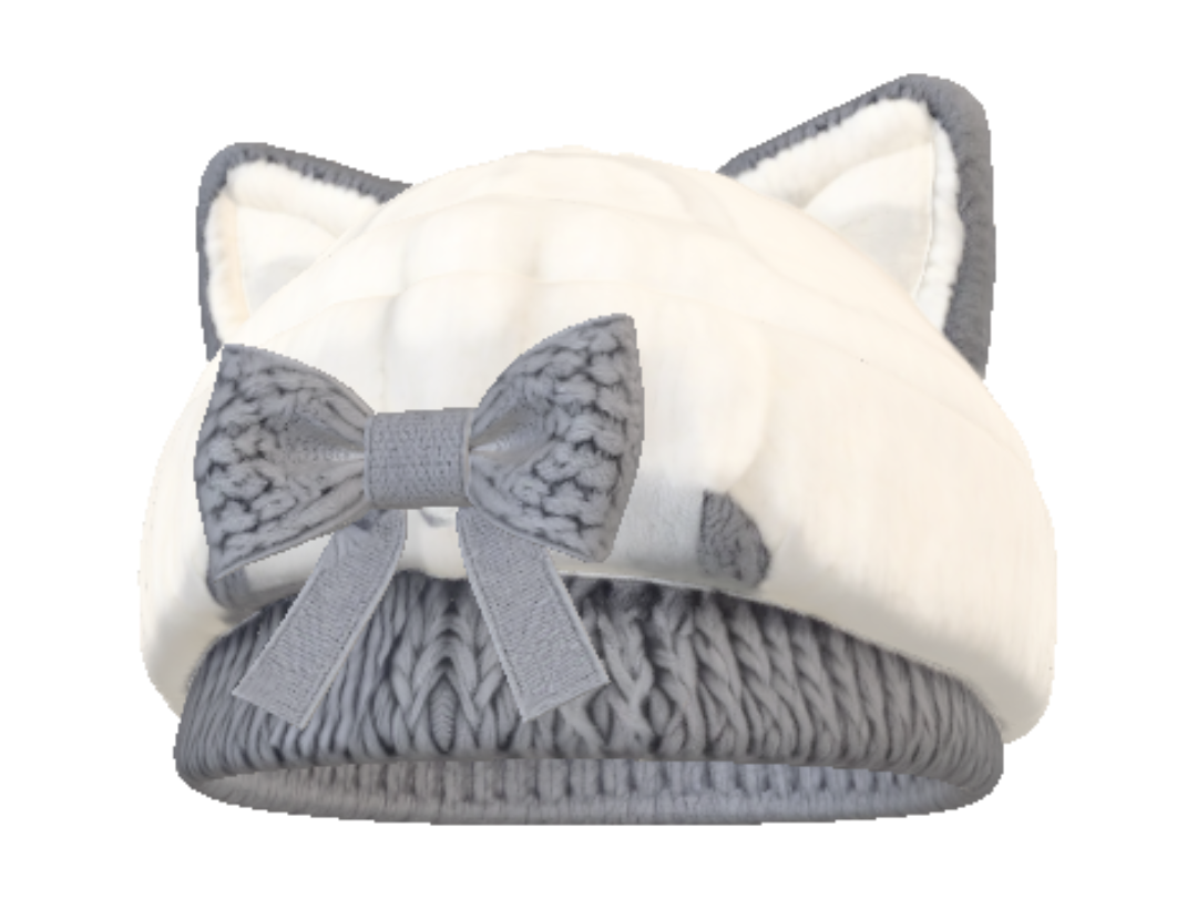 fluffy cat ear beret, cream and grey, tiny ribbon bow, soft fabric folds, cute anime accessory 3D model, vytvořený pomocí AI