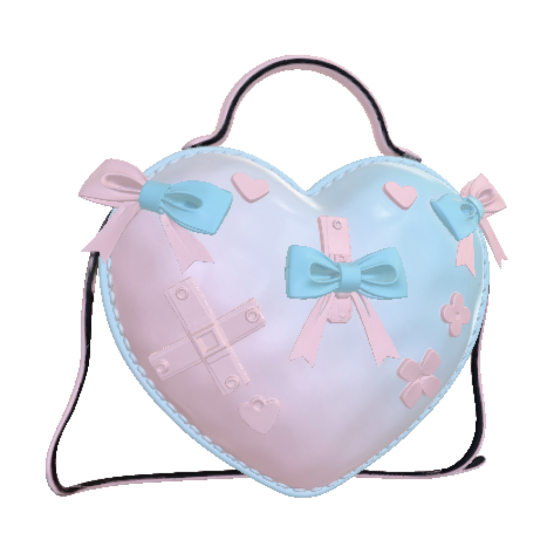 3D model for heart shaped purse decorated with cute bandages and bows, pastel pink and blue