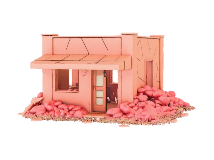 3D model for semi destroyed small construction, game style, smooth cool design, vivid colors