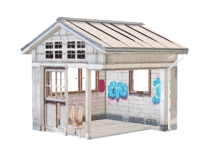 baraque de fortune , flat design , game style , creux de l'interieur , fenetres cassés ,… 3D model, vytvořený pomocí AI