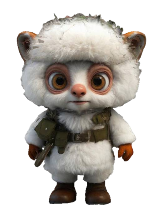 3D model for #ChristmasAdventure#, ultra réaliste, ultra détaillé, toutes les textures sont bien éclairés et lumineuse, couleurs ultra cartoonisés, c'est un chasseur des bois qui porte une tenue de chasse royale en poils blanc , il a des gros yeux débile ,un regard admiratif et plein d'amour, il a deux bras et deux jambe , lumineux, il se tient debout , il est très beau et mignon malgré sa grande taille