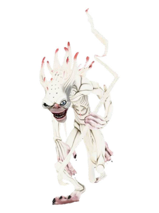 3D model for un monstruo humanoide con unos ojos blancos que brillan intensamente, piel blanca y grandes garras, el cual se nota demacrado basado en the rake o en un skinwalker