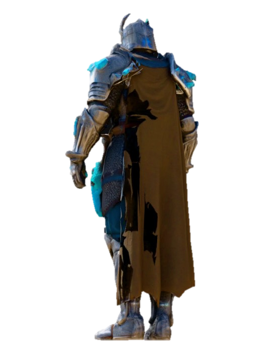 A formidable medieval knight, clad in dark, heavy plate armor made of a polished, almost… 3D model, vytvořený pomocí AI