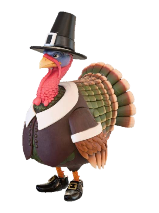 3D model for A plump, proud turkey standing upright, adorned in a classic pilgrim's outfit. It wears a tall, black buckled hat, a simple white ruff collar, buckled shoes, and a dark brown tunic with white cuffs. Its rich, iridescent brown feathers have a soft, textured appearance. The turkey's wattle and comb are bright red, contrasting with its earnest expression. The fabric appears slightly coarse, the buckles smooth metal.