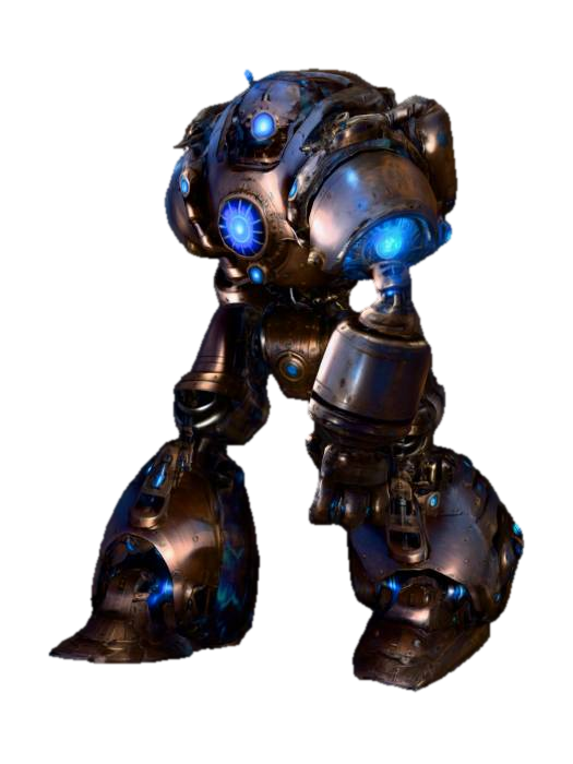 Large Steampunk mech with glowing blue eyes and a gear attached to its back. It has double… 3D model, vytvořený pomocí AI