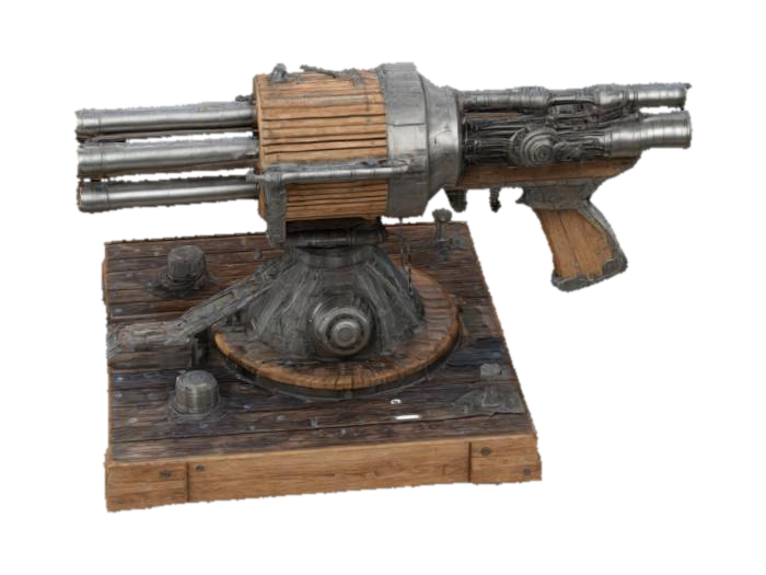 3D model for A highly detailed futuristic gatling gun turret mounted on a wooden and metallic platform, intricate engineering design, realistic textures, industrial sci-fi aesthetic, ultra-realistic rendering, neutral background, Gatling gun head, machine gun