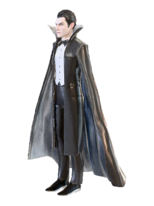 Evil male Vampire, pointed black hair, white fangs, white shirt with black dicky bow, long… 3D model, vytvořený pomocí AI