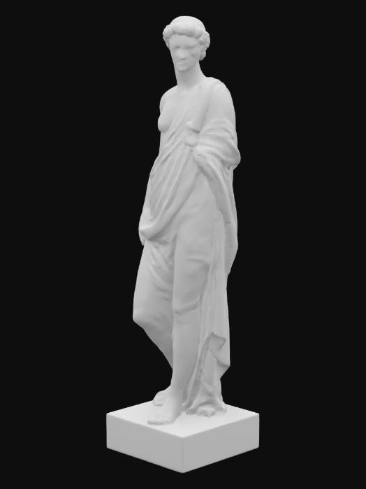 "A classical marble statue of a draped figure, standing serene and ...
