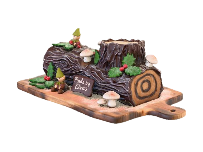 A realistic-style Yule log cake, a classic Christmas cake design, in an elf-exclusive style.,… 3D model, vytvořený pomocí AI