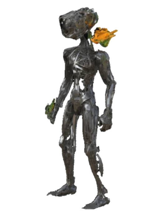 3D model for a human model with iron steel abstract dressing body with perfection topology, add between head on object computer and fan celling like future machine engine, add hammer and fork between knee, and ground plantasia kindergarten like flower with roots rotation on human model