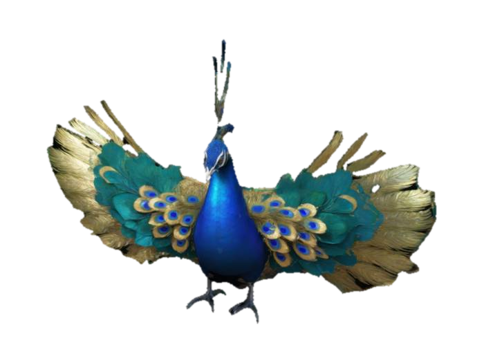 3D model for A detailed 3D-rendered peacock stands proudly in a lush garden, its vibrant tail feathers fully fanned out, showcasing iridescent blues, greens, and golds with intricate eye patterns. Its sleek blue neck and crown gleam in soft sunlight. The tranquil background features blooming flowers, soft grass, and a golden glow, enhancing the peacock's mesmerizing beauty.