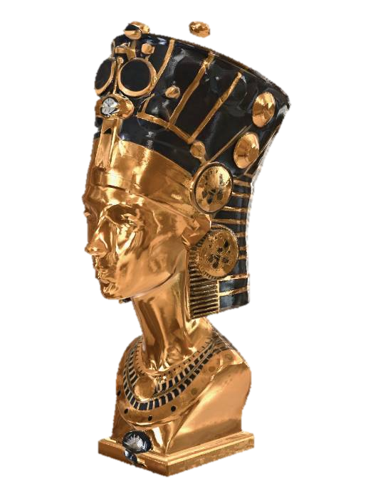 A steampunk rendition of the Nefertiti bust 3D model, vytvořený pomocí AI