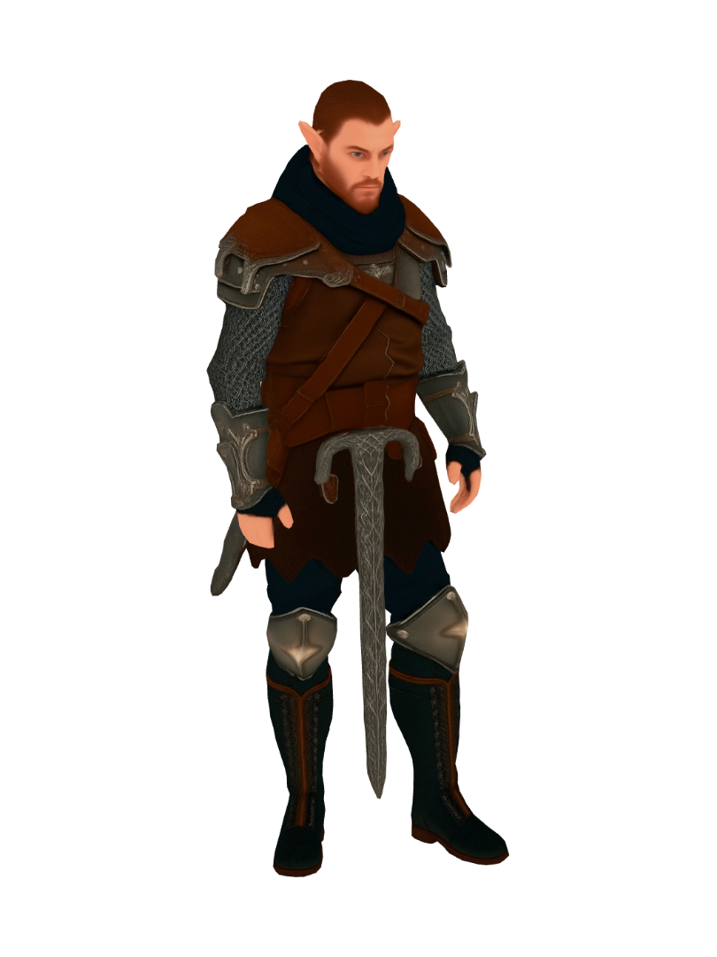 A hyperrealistic castle guard, with a jerkin, metal knee boots looking much like a Tolkien… 3D model, vytvořený pomocí AI