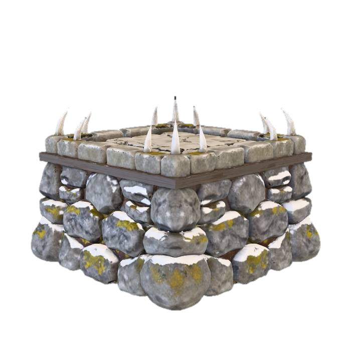 3D model for A square, rugged stone platform or altar with a weathered, light grey cracked flagstone surface. Its perimeter is fortified by a border of smaller stone blocks, from which several sharp, white bone-like spikes protrude upwards. Beneath the top, a narrow wooden band adds structural detail. The robust base is composed of irregularly stacked grey boulders, with visible patches of snow and hints of yellowed lichen, all under a soft, diffused lighting.