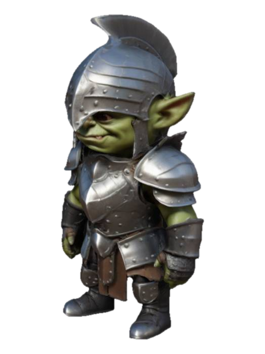 3D model for A Chibi-style Knight orc with Metal armor. black boots. One sholder pad with spikes. Highly stylized. Ensure all walls and features are at least 2mm thick. Include bold, recessed features with a depth of at least 2mm. Maintain sharp, clean lines with no unnecessary fine or jagged edges. DND, World of warcraft.