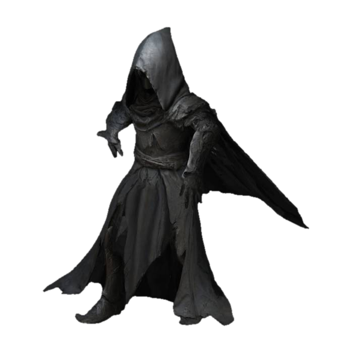 The object is a dark, hooded, humanoid figure with a flowing, tattered cloak, intricate armor… 3D model, vytvořený pomocí AI