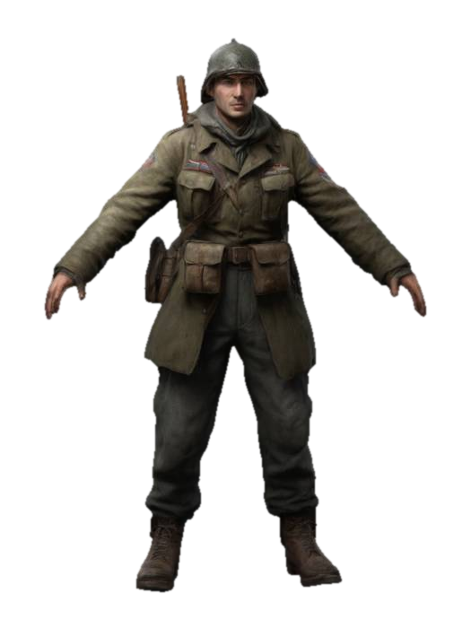 3D model for World War II partisan saboteur, full length portrait, realism, A-pose, arms out, high resolution, even lighting