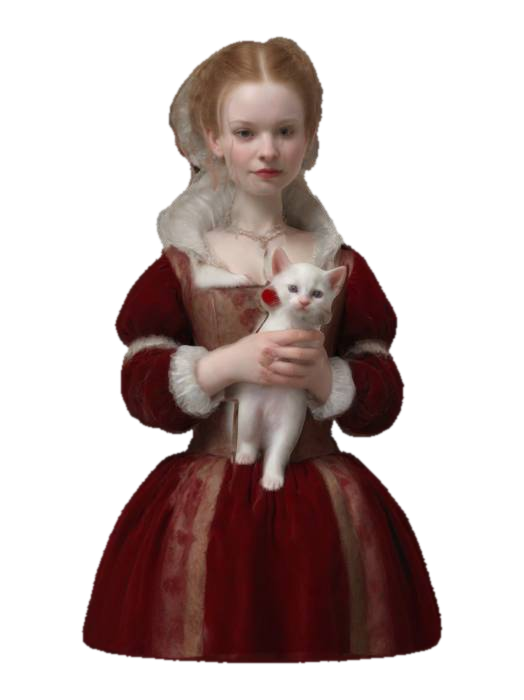 3D model for Tudor lady holding a tiny white kitten, photorealism, full length portrait, pale skin, square-cut bodice, velvet dress, natural skin, symmetrical hairstyle with french gabled hood, detailed face, black satin bows, heart clothing details, realistic adult woman proportions, #valentine#