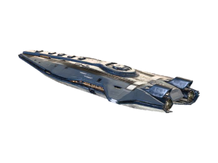 3D model for A huge long highly detailed spaceship like the USCSS Nostromo van alien movie with sparse lightened windows a dakv coating,and bright blue exhaust jet light
