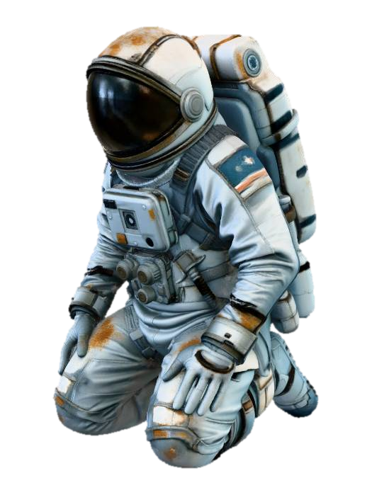 3D model for A dying colony astronaut. with one knee on the ground pose. His spacesuit is a mix of old fabric and sandblasted aluminum, with large clumps of dirt and scorch marks on the surface. his right hand on is chest. The helmet visor is covered with opaque cracks and mud. Requirement: Photorealistic, focus on the texture of fabric folds, the aging of the metal, and meticulous detail on damage and dirt accumulation in 4k resolution.