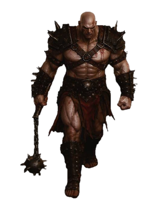 Full-body view of an ultra-detailed digital fantasy portrait of a bald barbarian warrior.… 3D model, vytvořený pomocí AI