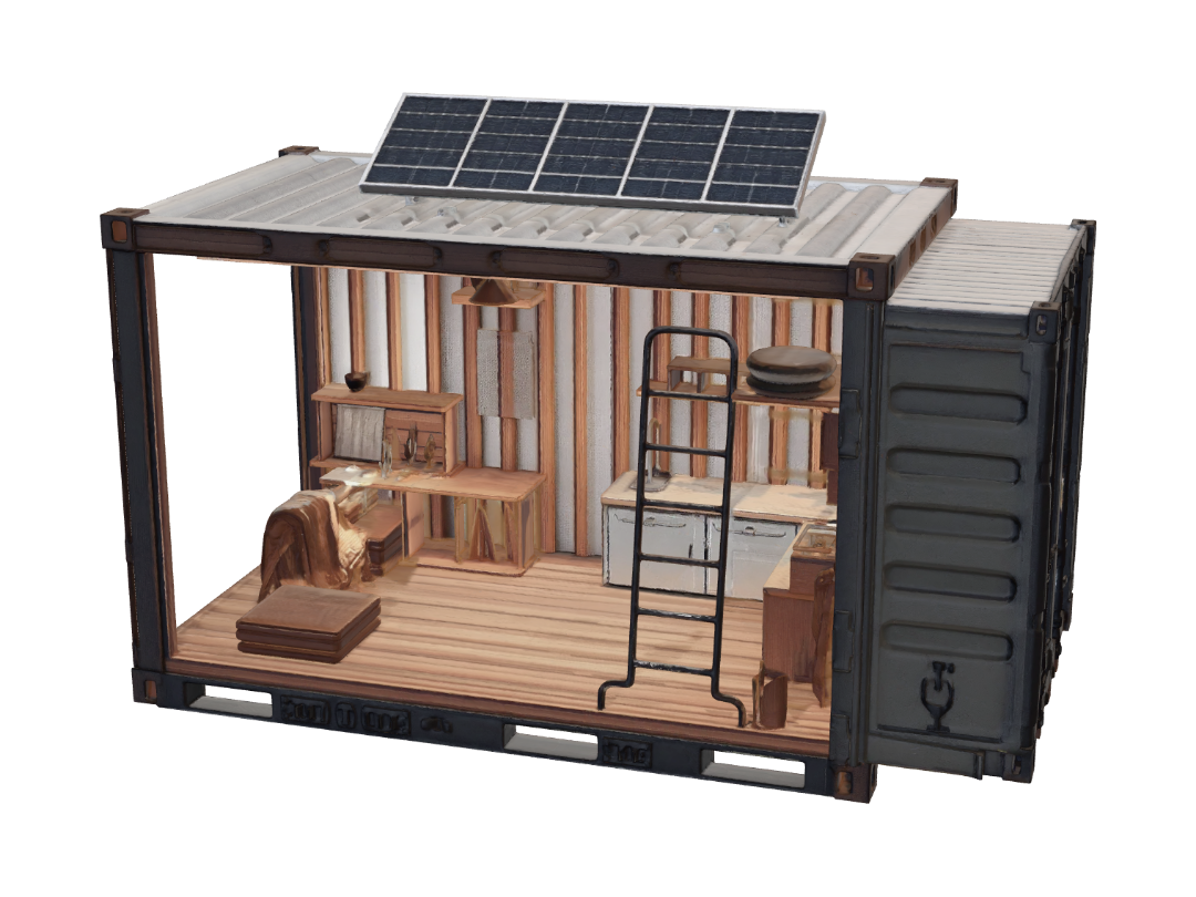 High-detail 3D model of a sustainable off-grid tiny home under construction, architectural… 3D model, vytvořený pomocí AI