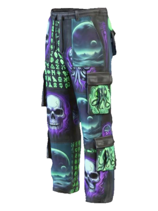 Genera dei pantaloni cargo variegati con delle fantasie da horror e fantascienza 3D model, vytvořený pomocí AI