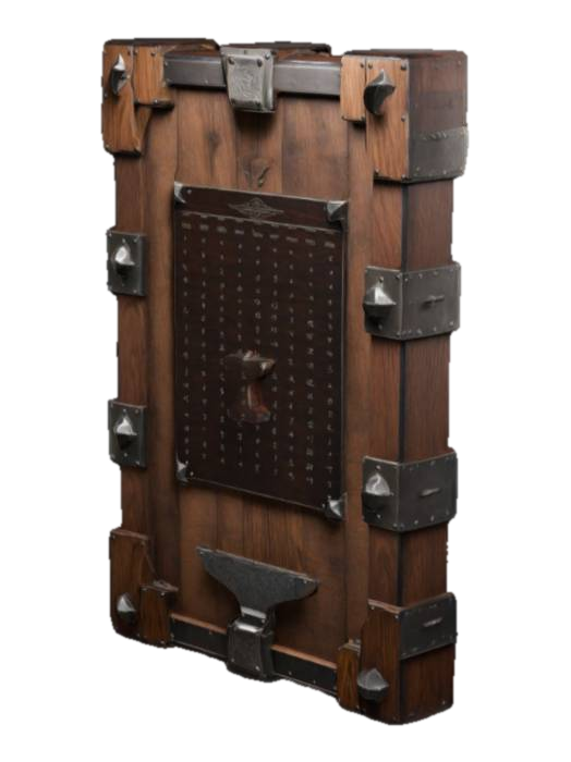 3D model for A robust, vertical mission board made of polished dark wood, reinforced with metal bands and rivets. The top features an engraved metallic frame with hammer and anvil motifs. Pinned to the board are quest papers with handwritten notes, small sketches of tools and ores, and metallic tones.