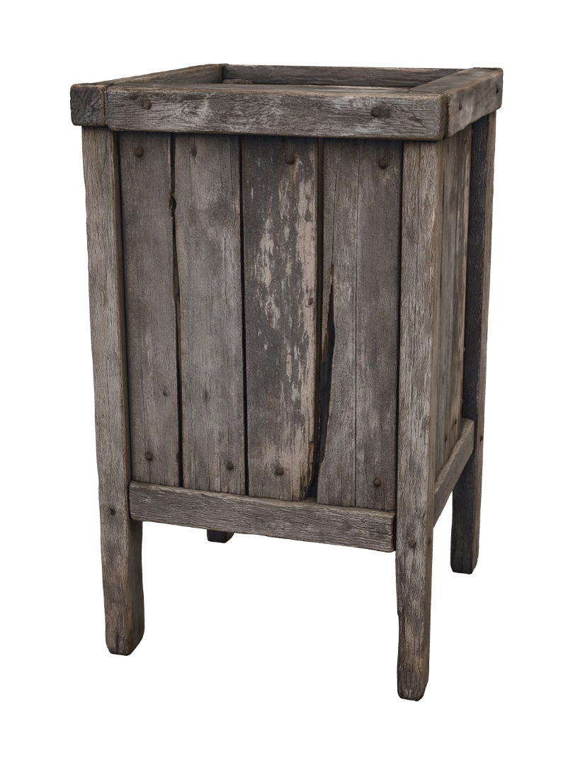 A rustic handcrafted outdoor wooden trash bin, rectangular shape with four sturdy wooden legs, built from… 的 AI 生成 3D 模型