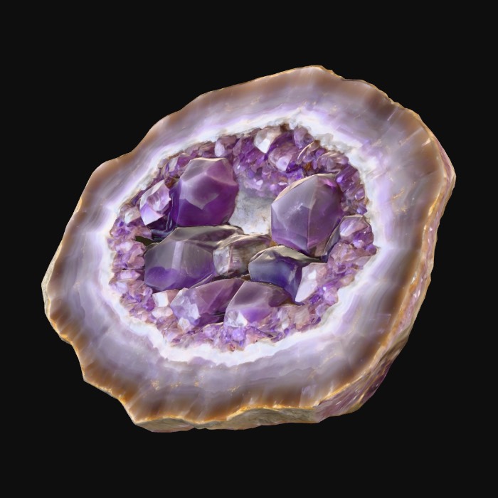 «A geode half, revealing a cavity lined with shimmering amethyst ...