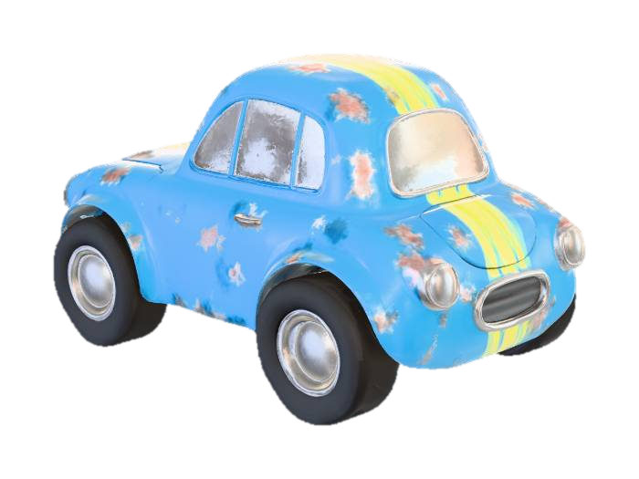 3D model for Stylized 3D game prop. A single small metal toy car on a pure white background, slightly old and chipped. Simple rounded body shape (no brand), with a few big paint scratches revealing bare metal underneath, and slightly worn wheels. The design is minimal and readable, using one main bright color with a few lighter stripes. Soft studio lighting, clean readable silhouette, saturated colors, no tiny mechanical details.
