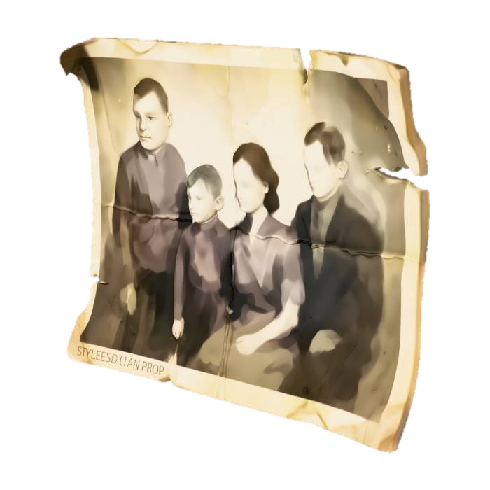 3D model for Stylized 3D game prop. A single old printed photo on a pure white background, slightly curled at the edges and a bit yellowed. The image shows a small, blurry family group (figures hinted with shapes and tones, no clear faces), in muted black-and-white or sepia. There are a few creases and small tears on the corners. Soft studio lighting, clean readable silhouette, no sharp recognizable real people.