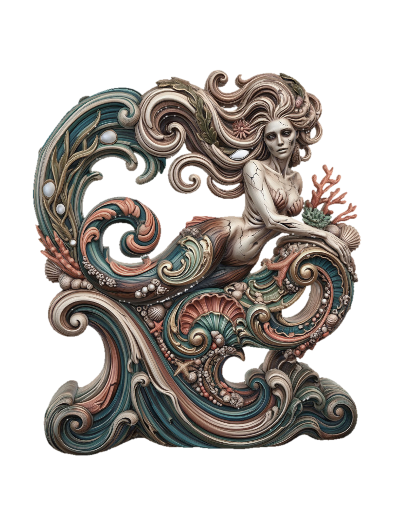 3D model for Hyper-realistic wooden carved Rococo–Art Nouveau undead sea siren reclining upon a shoreline at sunset. Flowing hair, graceful anatomy and ocean-inspired forms merge into monumental S-curved Rococo shell-scrolls and Art Nouveau wave structures. Seashells, coral, pearls and marine flora transform into decorative cartouches and elaborate volutes. The shoreline itself becomes a sweeping structural console-pillar with flowing oceanic movement.Material: hardwood.Polychrome:deep rich colourful tones,pale ivory skin tones, turquoise blues, coral oranges and pearl-white highlights
